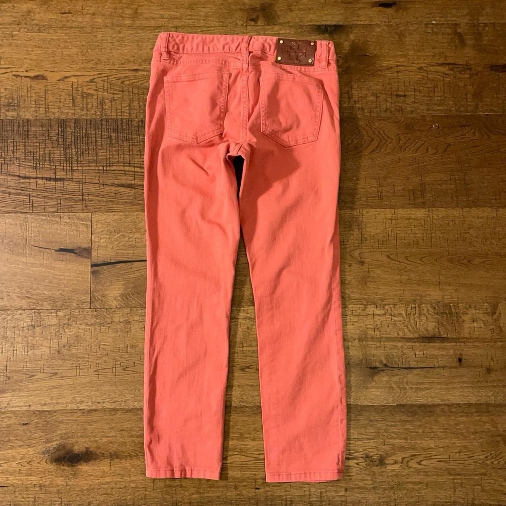 Tory Burch Alexa Cropped Skinny Jeans Womens 26 Pink Preppy Denim Gold Logo
